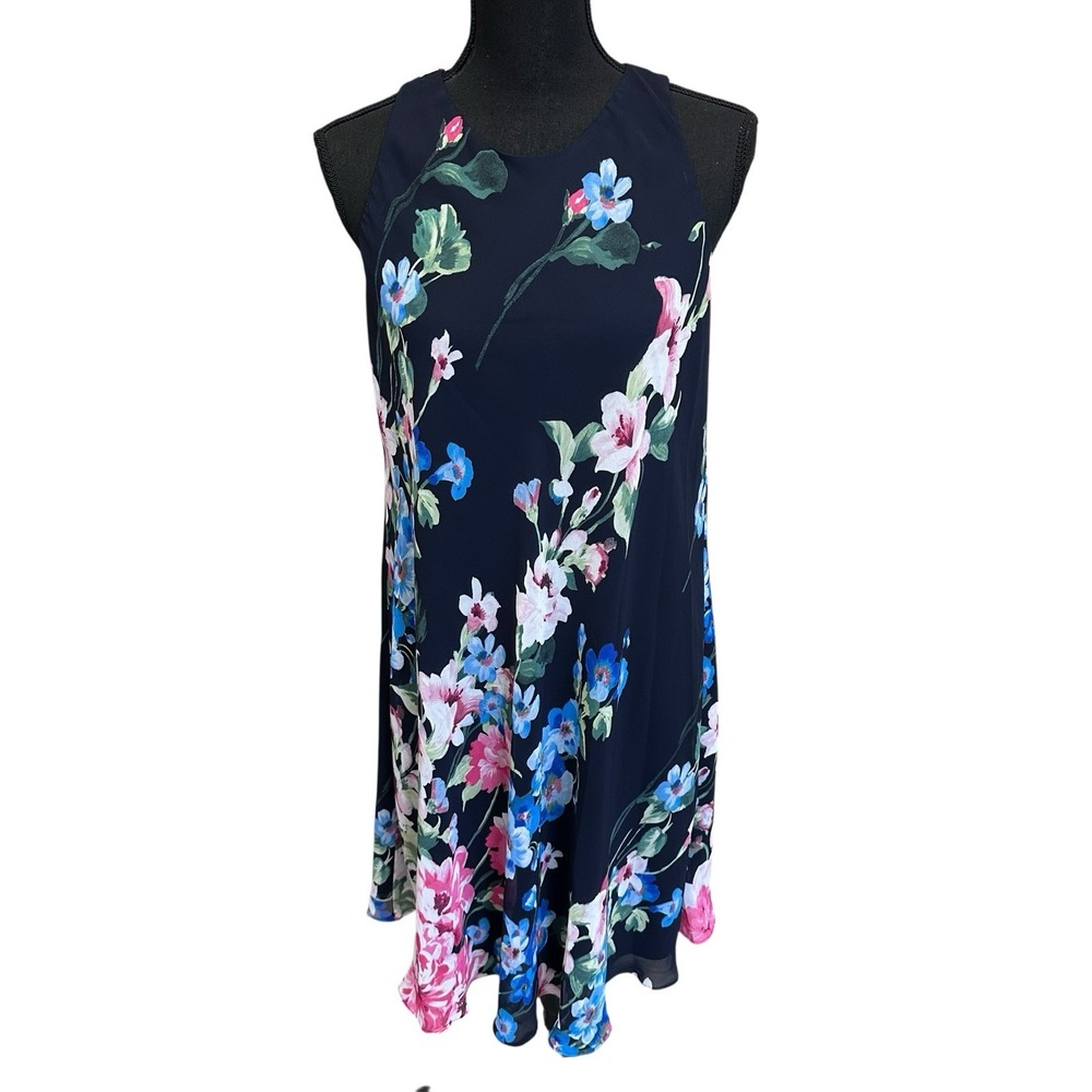 Lauren‎ Ralph Lauren Navy Blue Floral Print A-Line Jersey Dress Women's Size 8